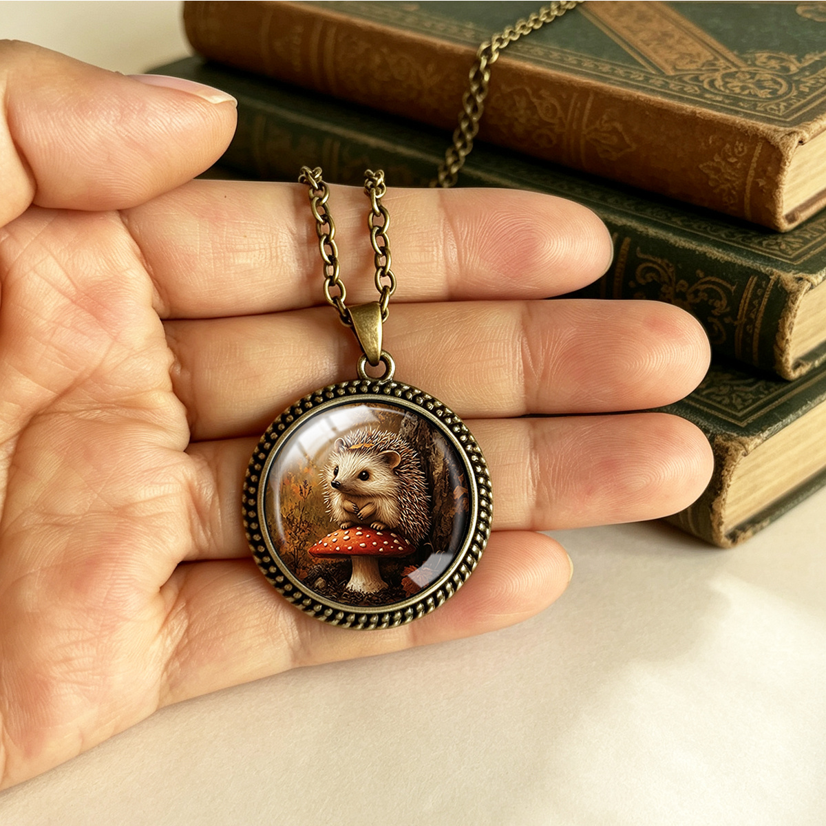 Vintage Forest Mushroom & Hedgehog Pendant Necklace
